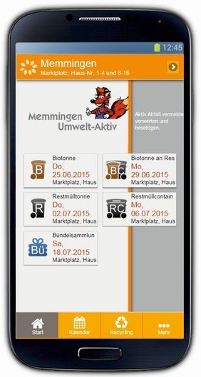 Zu sehen ist die Darstellung auf dem Smartphone. In kleinen Kästchen ist der Leerungstag für die jeweilige Tonne angegeben.