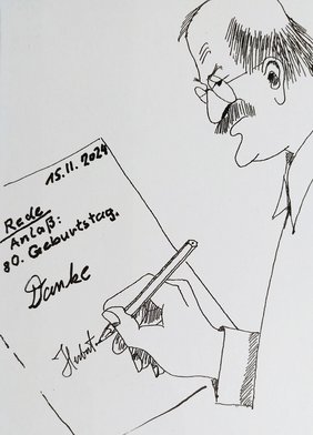 Auf der Zeichnung abgebildet: Ein Selbstportrait von Herbert Müller, der gerade das Blatt für die Rede beschreibt. 