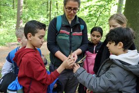 Die Kinder scharen sich um die Revierleiterin, die das kleine Geweih in Händen hält, die Kinder dürfen es befühlen.