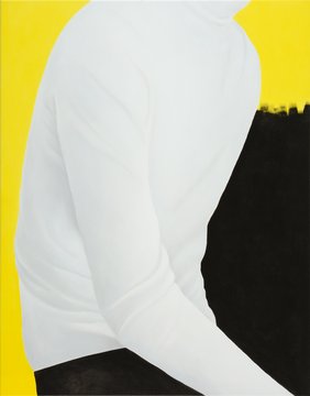 Oberköper in weißem Pulli (ohne Kopf oder Hände dargestellt) mit gelb-schwarzem Hintergrund