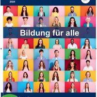 Titelseite des neuen vhs-Programms: Volkshochschule Memmingen, Frühjahr/ Sommer 2024, Titelzeile: "Bildung für alle"; bildlich dargestellt sind 7x5 bunt hinterlegte Rechtecke mit jeweils unterschiedlichen lachenden Gesichtern. 