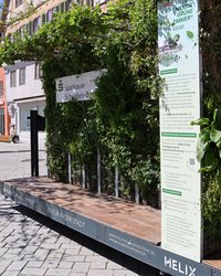 Das Grüne Zimmer ist wie eine Sitzgelegenheit mit begrünter Rückwand und begrüntem Dach. Man kann auf einer Sonnen- oder einer Schattenseite Platz nehmen. Es steht direkt neben der Bushaltestelle am Weinmarkt. 