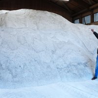 Herr Geikl steht vor einem großen Berg Salz, der deutlich höher ist als die Person.